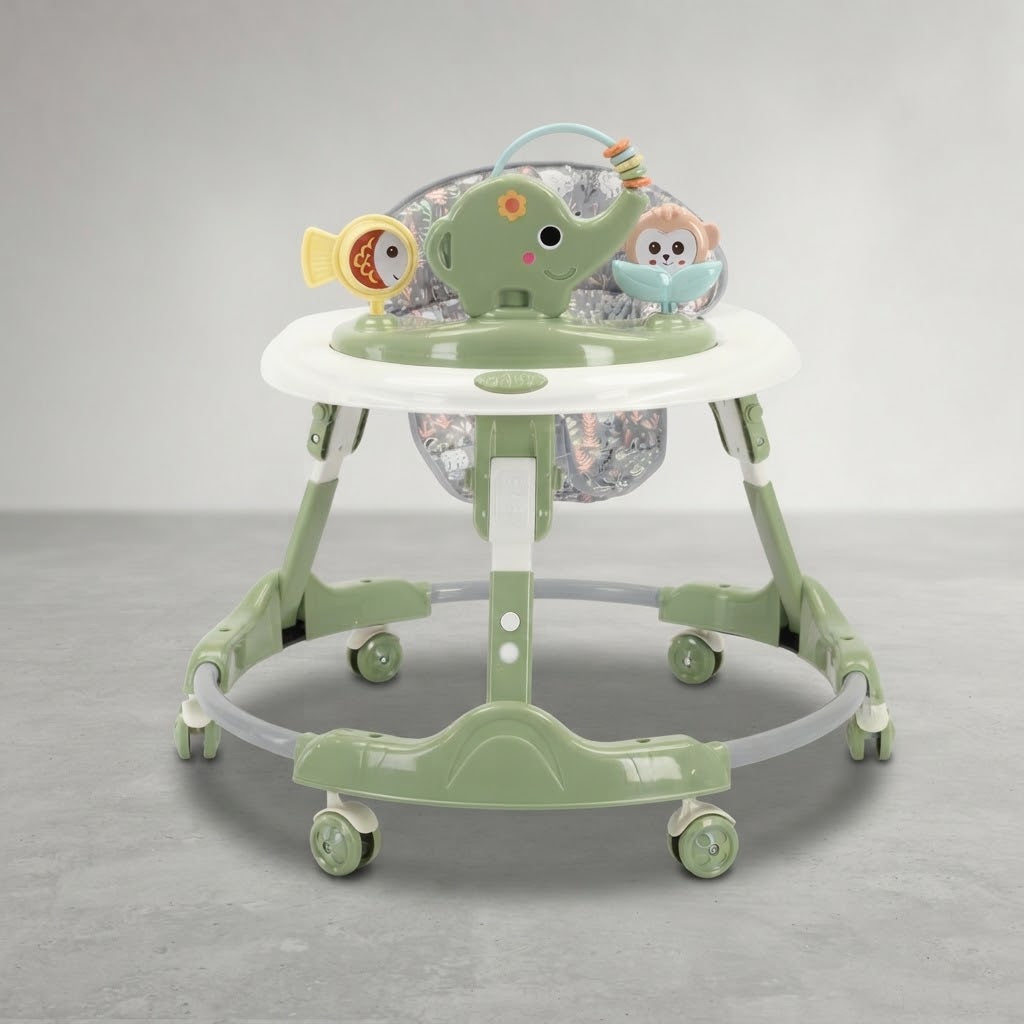 3/4 view of green baby walker with elephant and monkey toys