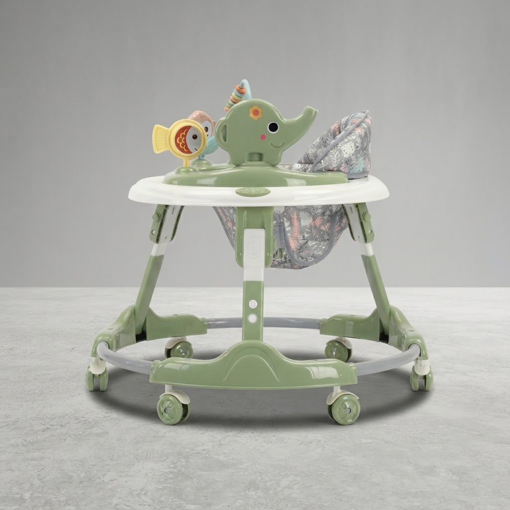Sage green baby walker with elephant toy tray, front view