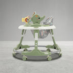 Sage green baby walker with elephant toy tray, front view
