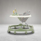 Side view of elephant-themed baby walker with jungle-print seat