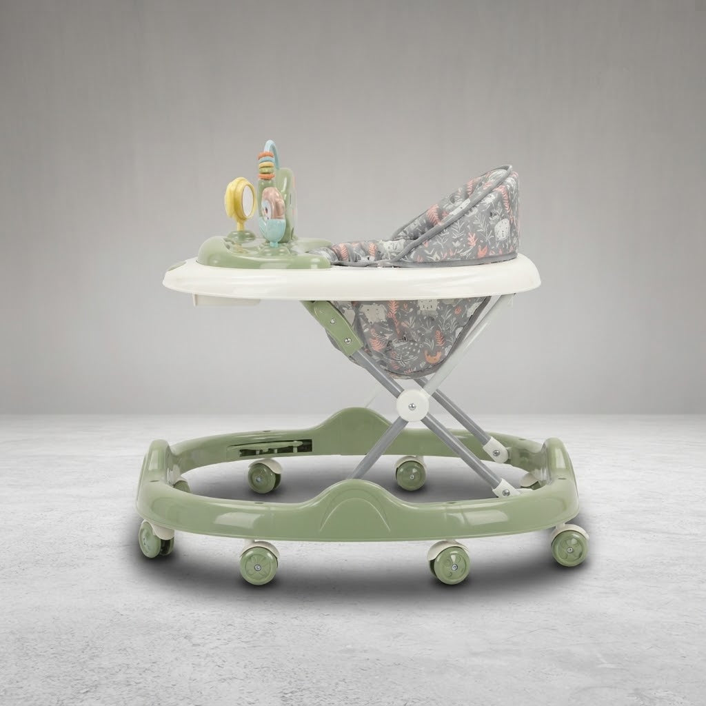 Side view of elephant-themed baby walker with jungle-print seat