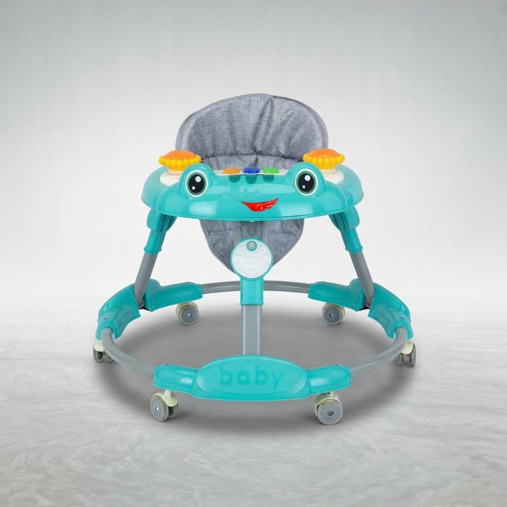Teal baby walker with frog design toy tray, front view