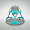 Teal baby walker with frog design toy tray, front view