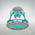 Teal baby walker with frog design toy tray, front view