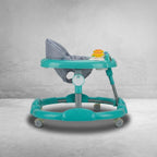 Side view of frog-themed baby walker with grey seat