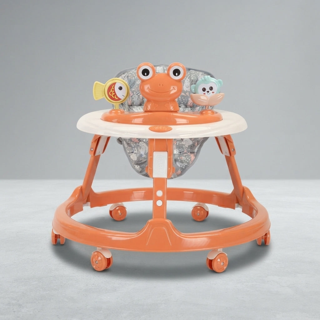 Orange baby walker with frog toy tray and rabbit-print seat, front view