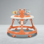 Orange baby walker with frog toy tray and rabbit-print seat, front view