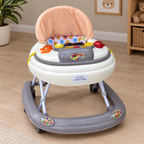Cream and peach musical baby walker, angled view