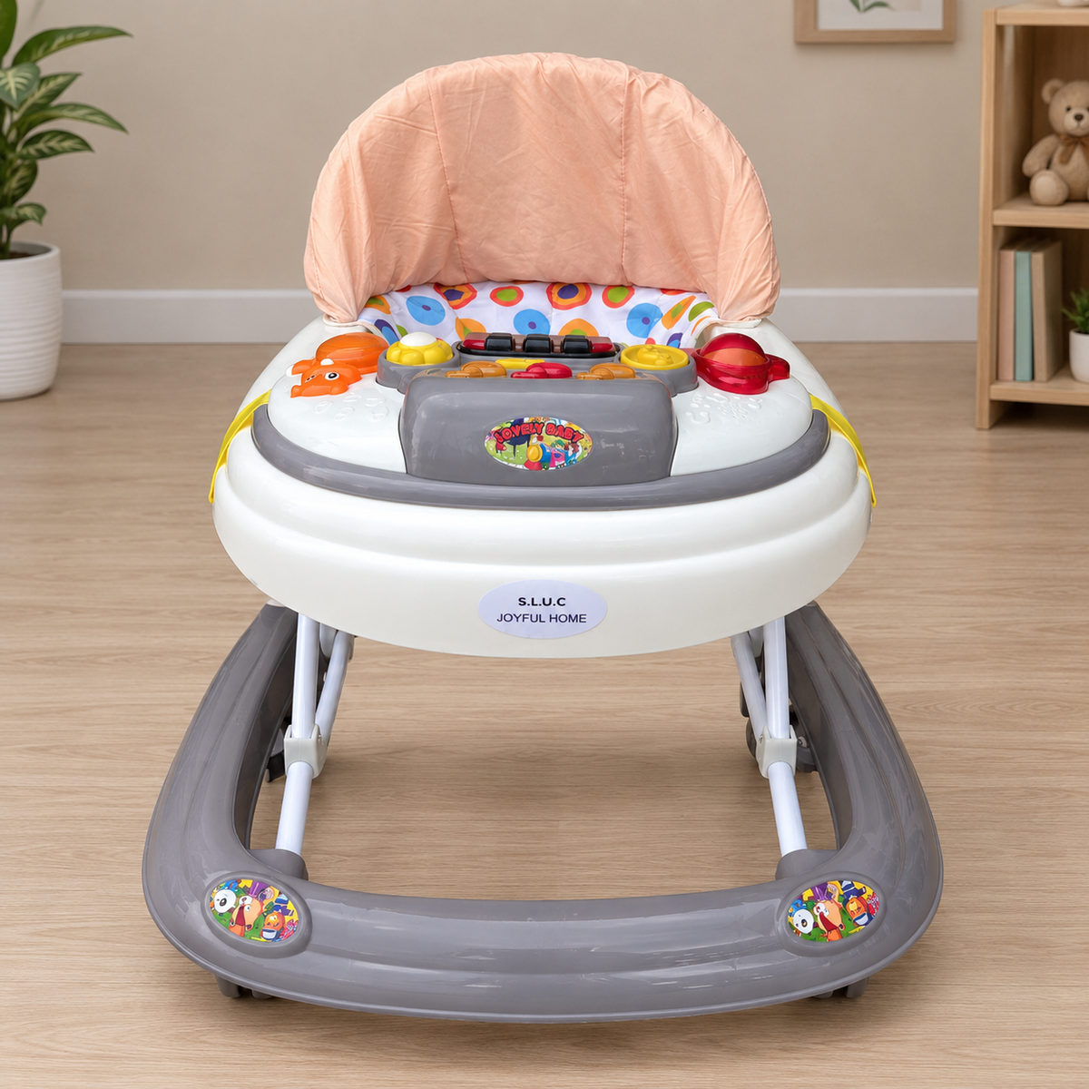 Front view of musical baby walker with colorful toy tray