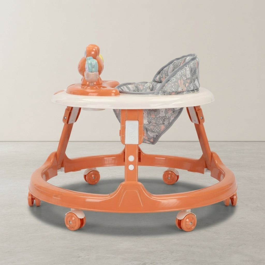 Side view of round baby walker showing padded seat and wheel base