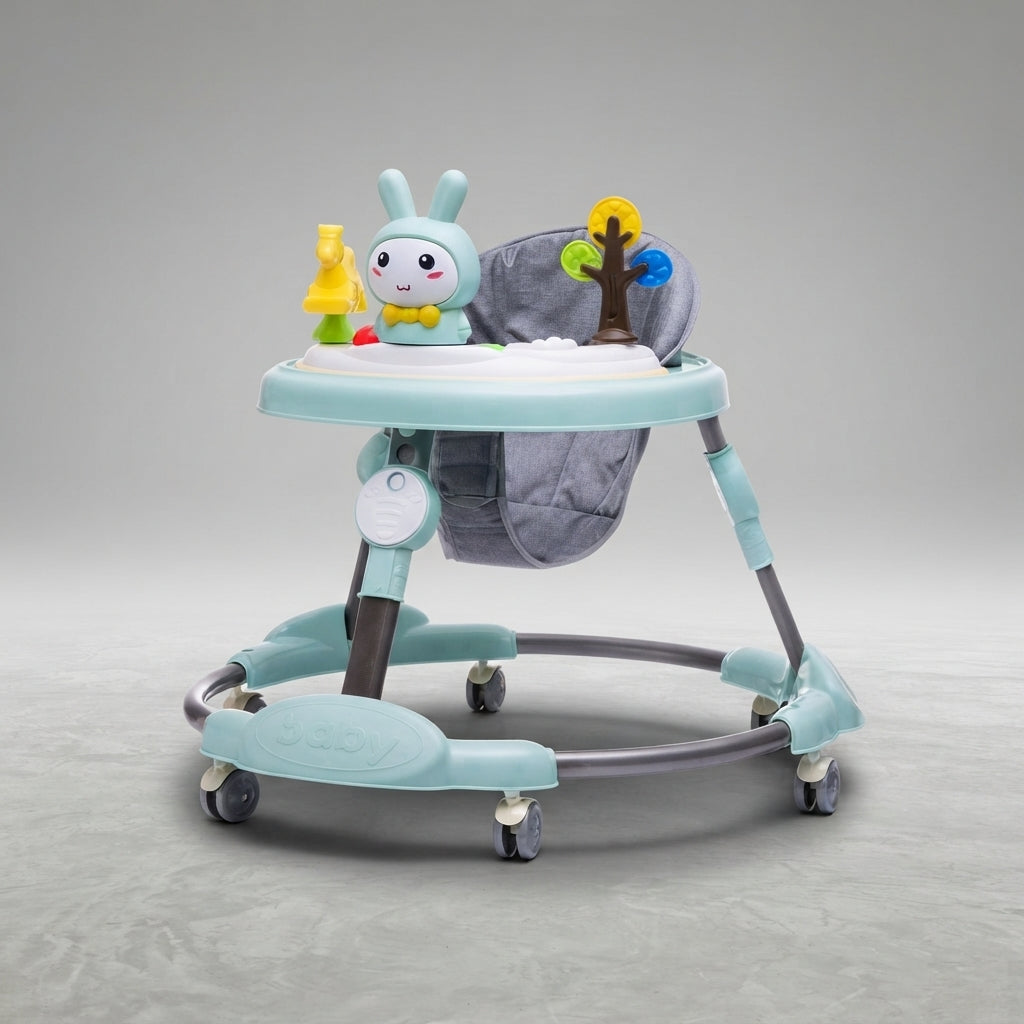 Mint bunny baby walker with toy tray, angled view