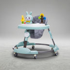 Mint bunny baby walker with toy tray, angled view