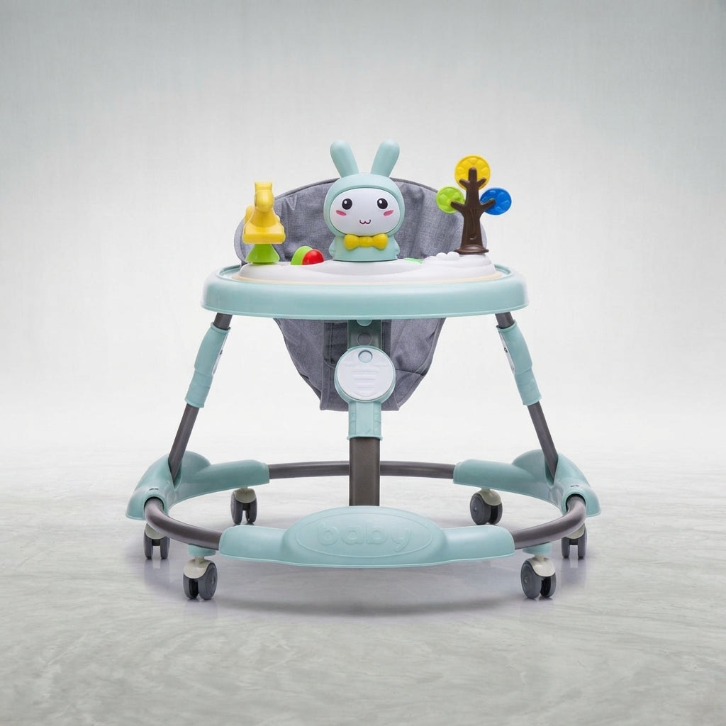 Front view of mint bunny baby walker with rabbit toy