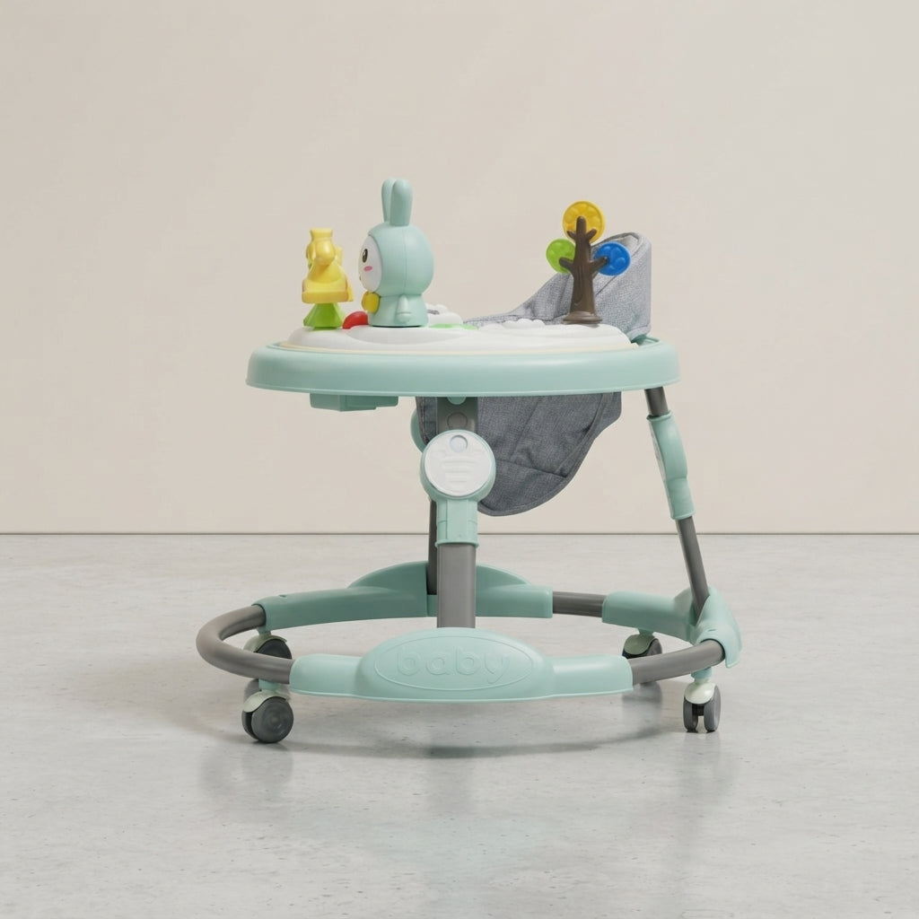 Side view of mint bunny baby walker showing seat and wheels