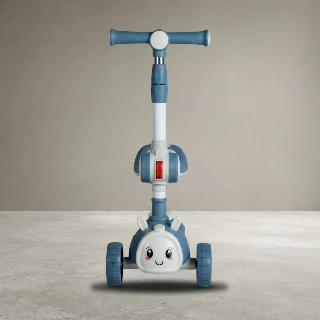 Front view of bunny face kids scooter with two front wheels and T-bar