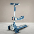 Blue 2-in-1 bunny kids scooty with seat, front angle view