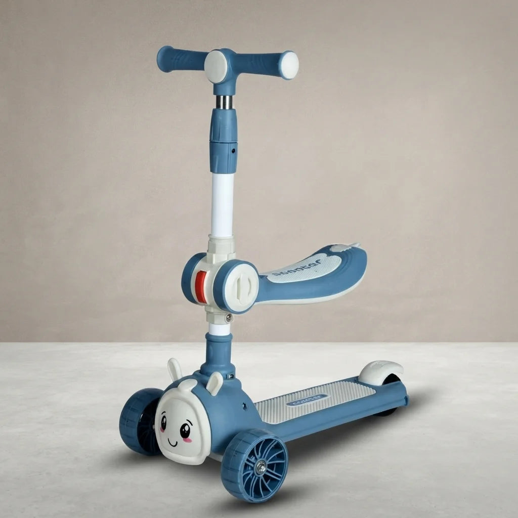 Blue 2-in-1 bunny kids scooty with seat, front angle view