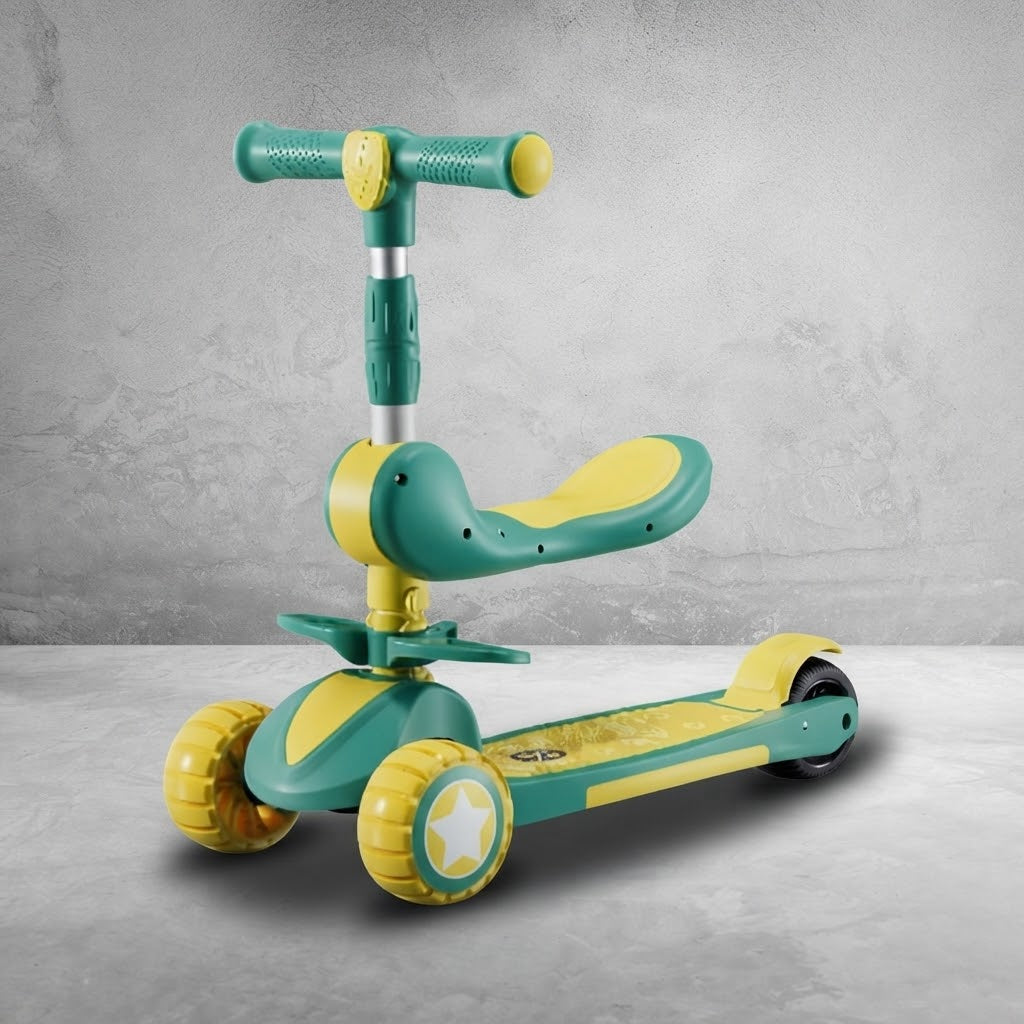 Angled view of green kids scooter with seat and adjustable handlebar