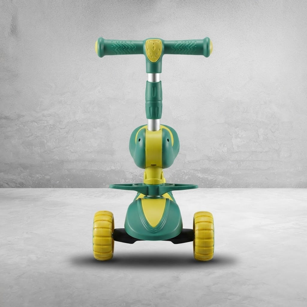 Green and yellow 2-in-1 dinosaur kids scooter with seat, front view