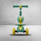 Green and yellow 2-in-1 dinosaur kids scooter with seat, front view