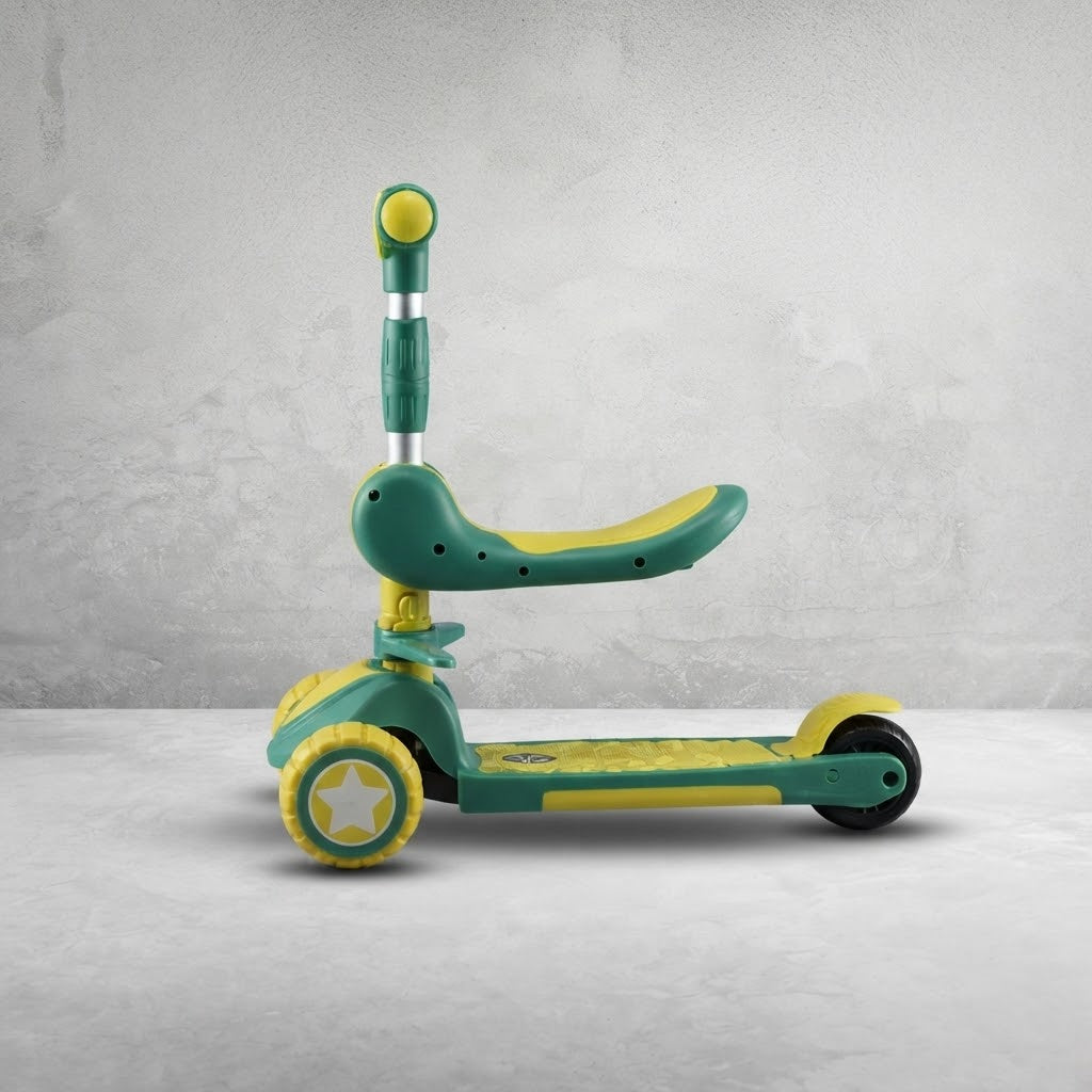 Side view of dinosaur scooter with seat and star-print wheel
