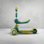 Side view of dinosaur scooter with seat and star-print wheel