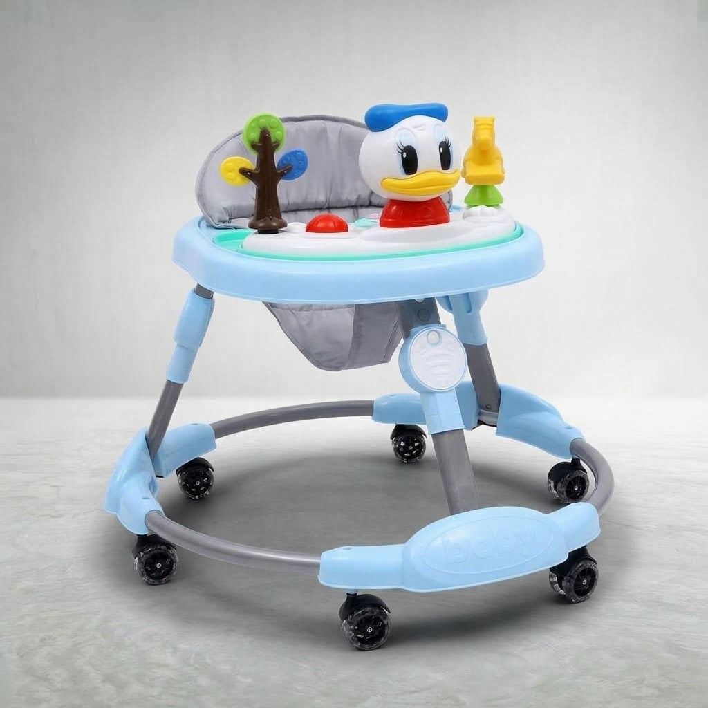Light blue Donald Duck baby walker with toy tray, angled view