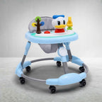 Light blue Donald Duck baby walker with toy tray, angled view