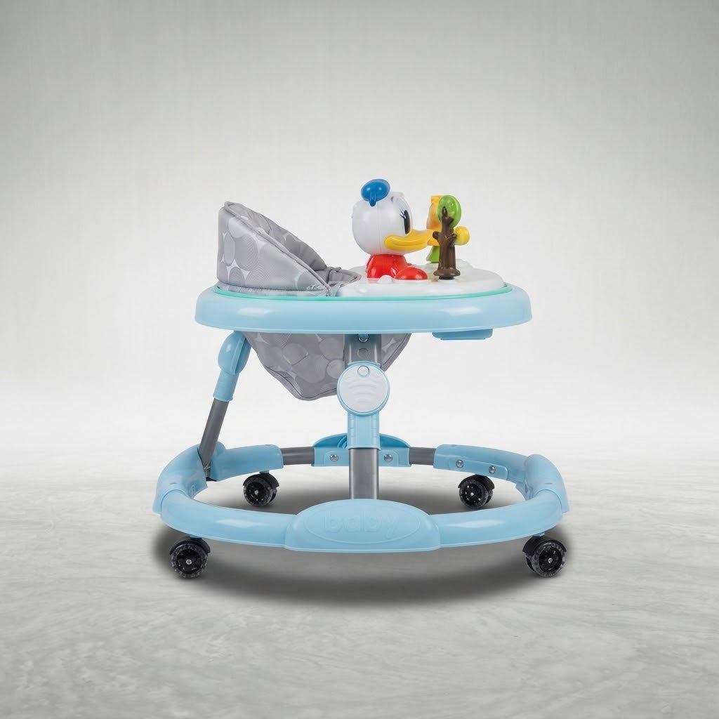 Side view of Donald Duck baby walker with padded seat and wheels