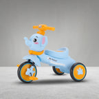 Angled view of elephant kids tricycle with orange wheels