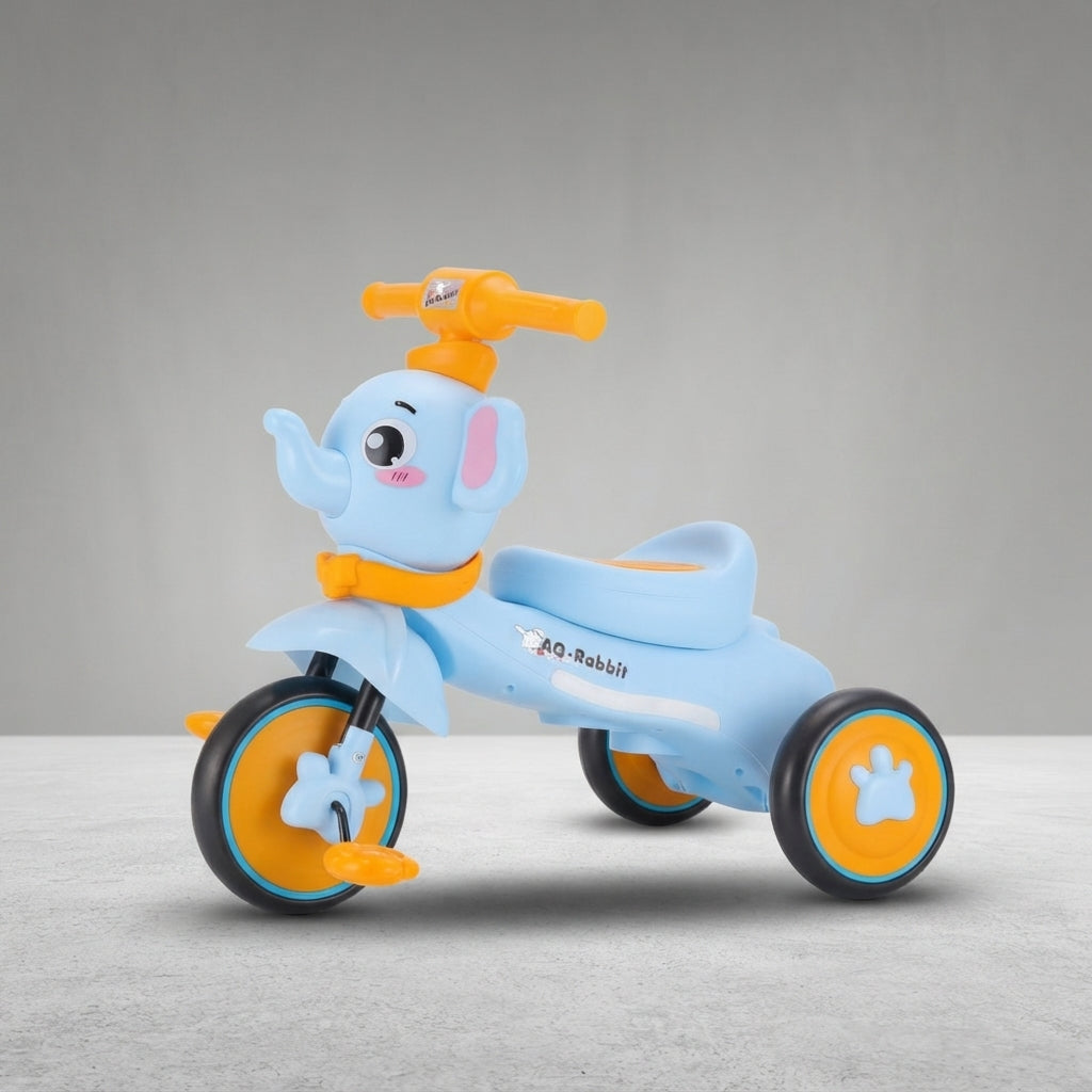 Angled view of elephant kids tricycle with orange wheels