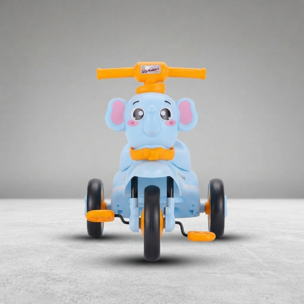 Light blue elephant kids tricycle, front view