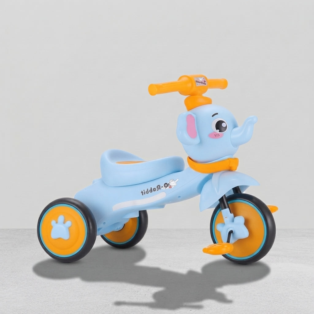 Side view of elephant tricycle with padded seat and pedals