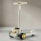 White and gold jeep-style kids scooter, angled view