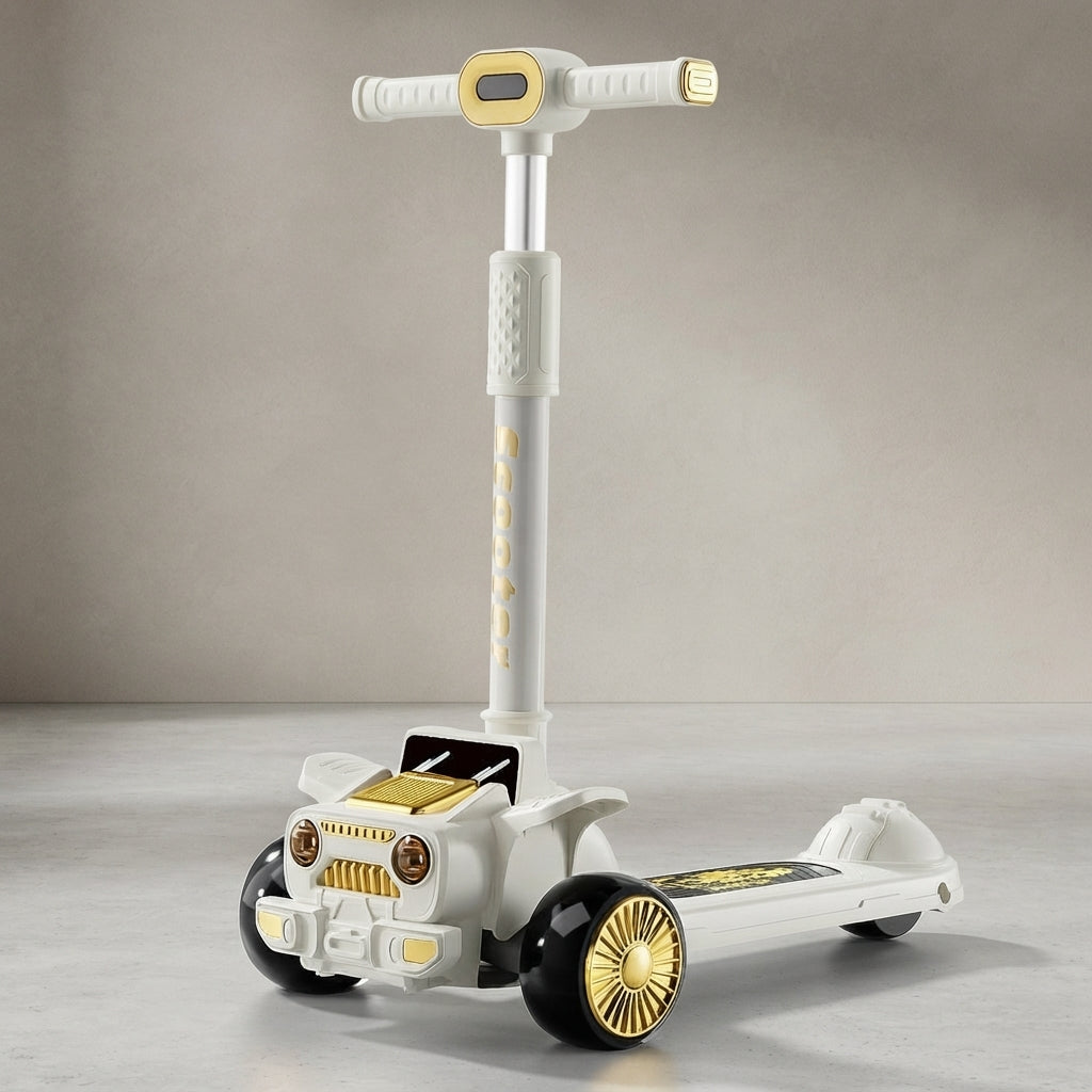 White and gold jeep-style kids scooter, angled view