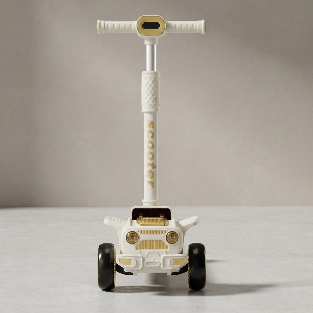 Front view of jeep-style kids scooter with headlights design