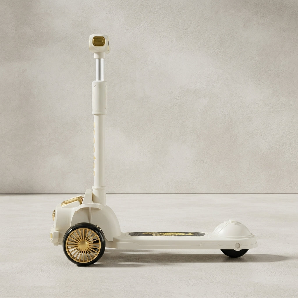 Side view of white gold kids scooter with LED wheels