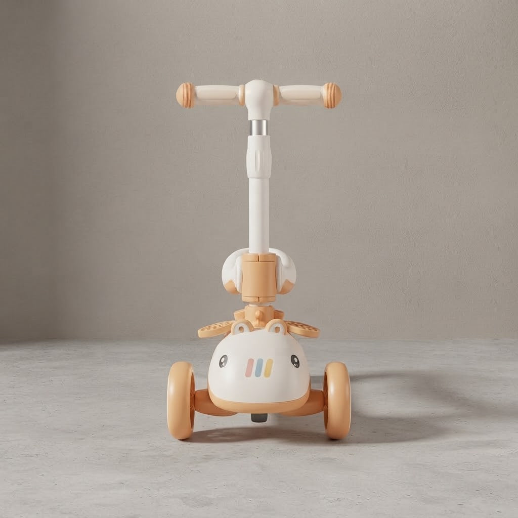 Front view of kids scooter with bunny face and pastel wheels