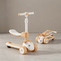Cream and tan 3-in-1 kids scooter with seat, bunny design, folded and unfolded