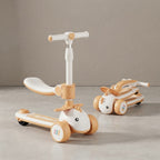 Cream and tan 3-in-1 kids scooter with seat, bunny design, folded and unfolded