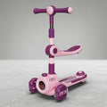 Angled view of pink and purple kids scooter with stable 3-wheel base and handlebar