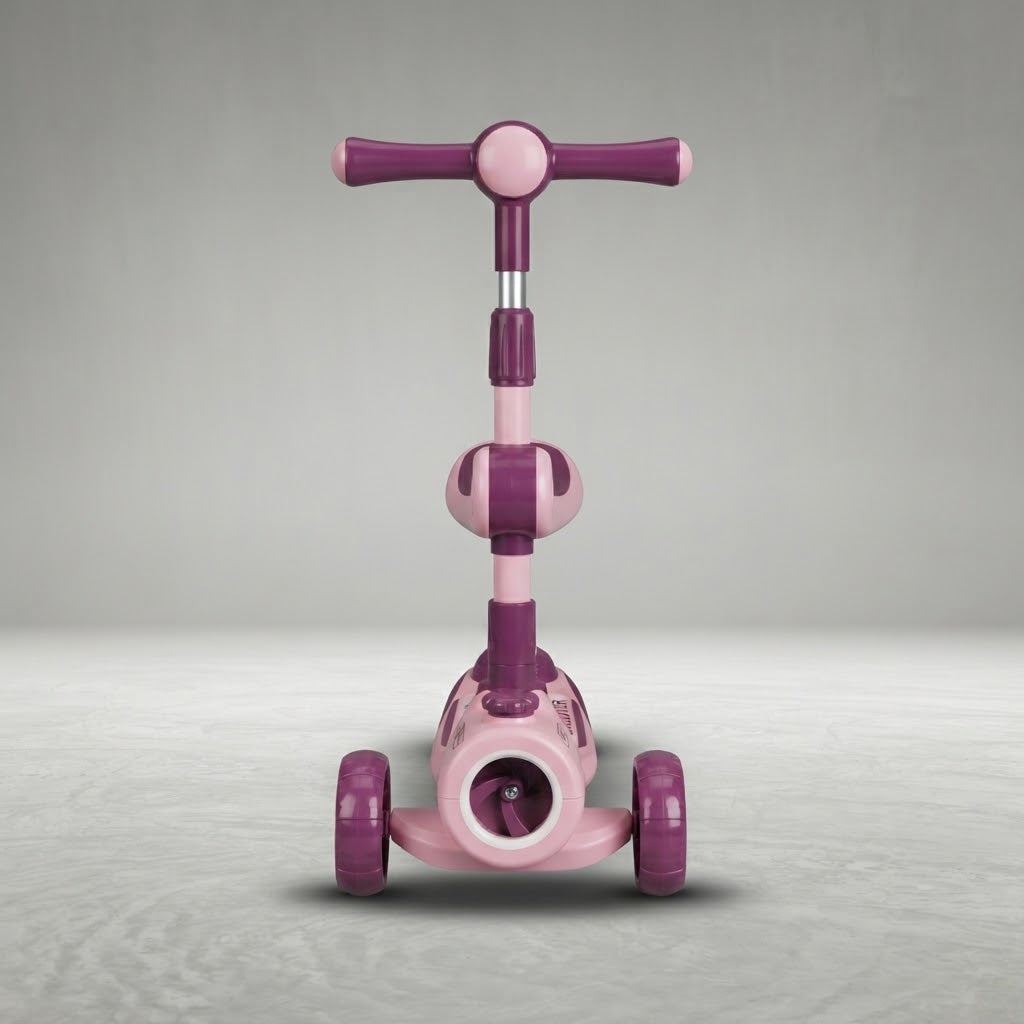 Pink and purple 2-in-1 kids scooter with seat and front toy feature, front view