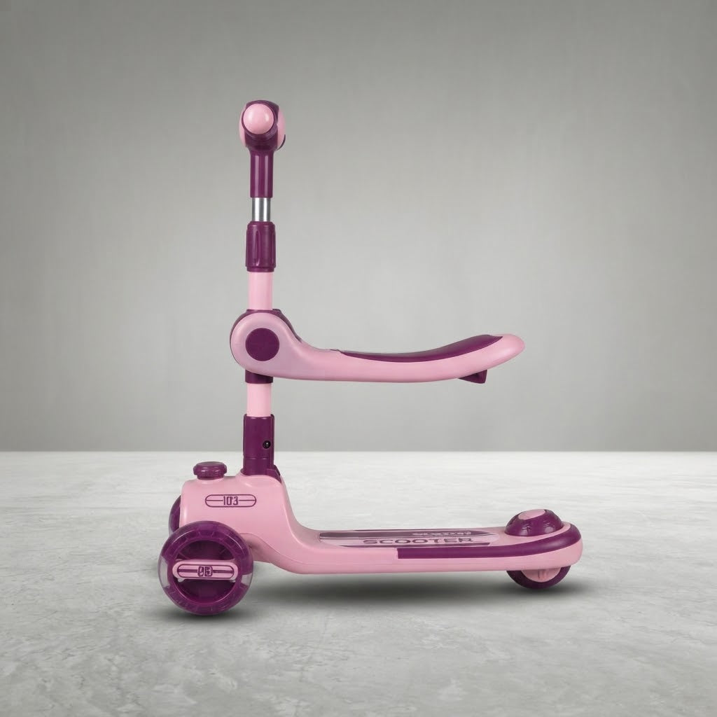 Side profile view of pink and purple kids sit-and-stand scooter showing adjustable T-bar and seat