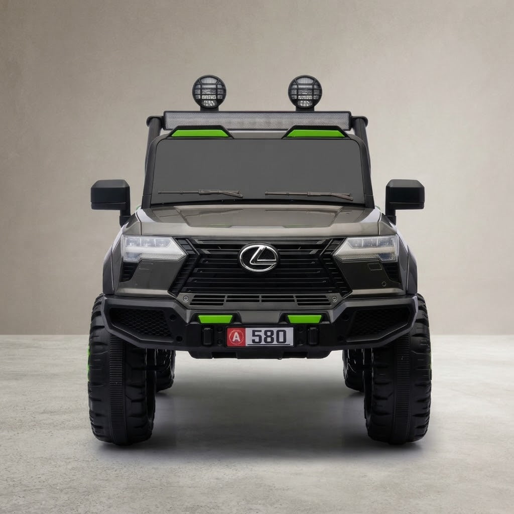 Front view of grey kids ride-on jeep with headlights