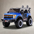Blue kids electric off-road truck with roof lights, angled view