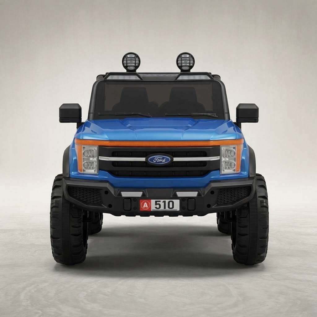 Front view of blue kids ride-on truck with headlights