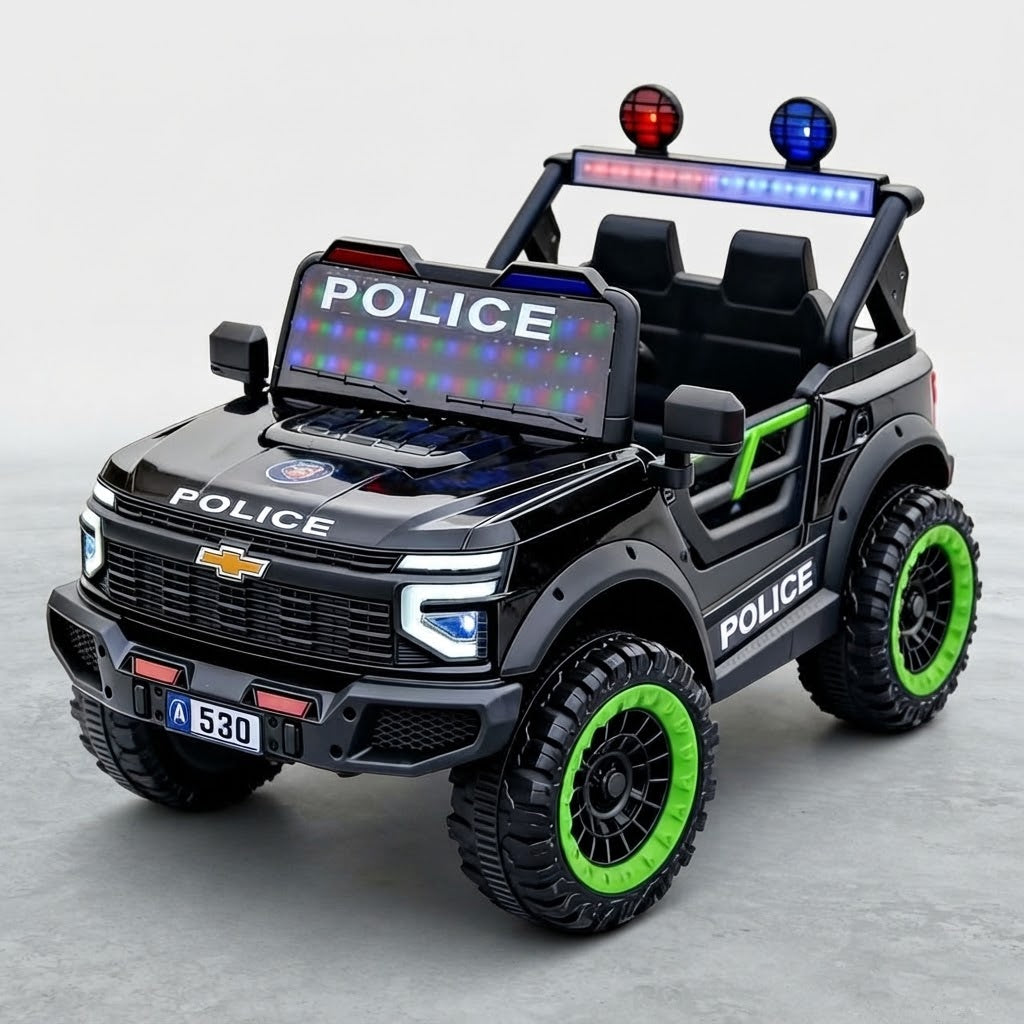 Angled view of kids police jeep with flashing lights