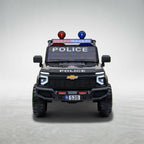 Black kids electric police jeep with light bar, front view