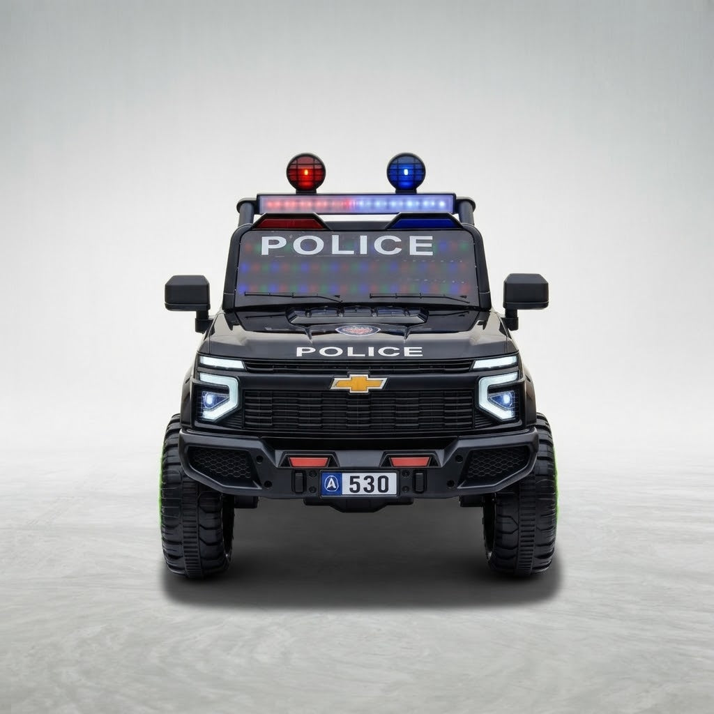 Black kids electric police jeep with light bar, front view
