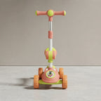 Front view of coral and lime kids scooter showing wheels and handlebar